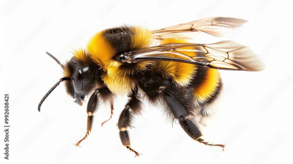 A breathtaking closeup of a bumblebee in midflight, showcasing its vibrant colors and intricate features against a white background. A breathtaking closeup of a bumblebee in midflight, showcasing its vibrant colors and intricate features against a white background.
