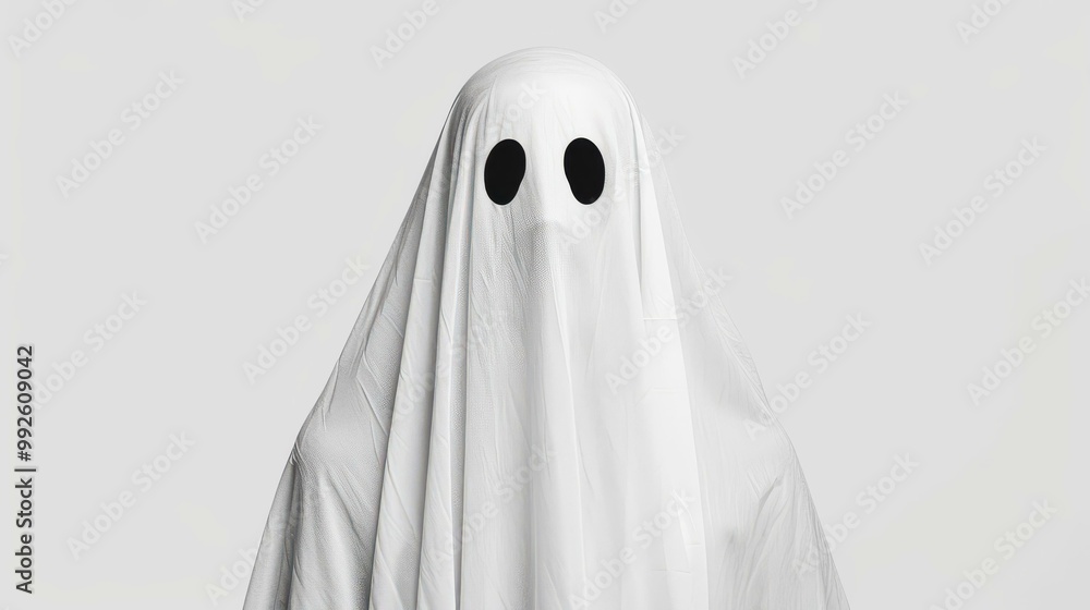 A spooky ghost floats against a white background, creating an eerie yet minimalist vibe perfect for Halloween decor. A spooky ghost floats against a white background, creating an eerie yet minimalist vibe perfect for Halloween decor.