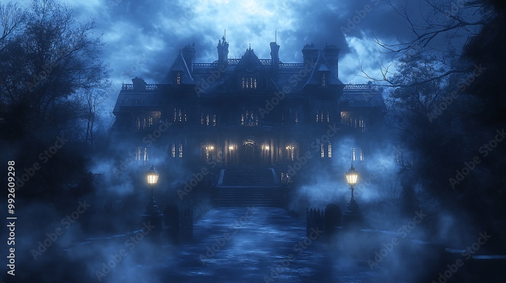 A large, ominous Victorian mansion stands under a stormy sky. A large, ominous Victorian mansion stands under a stormy sky.