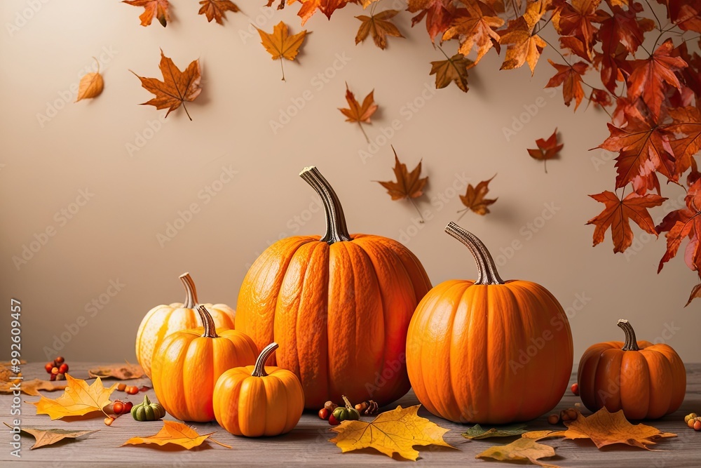 Enchanting Fall Scene with Radiant Orange Pumpkins and Scattered Leaves on a Gentle Background Enchanting Fall Scene with Radiant Orange Pumpkins and Scattered Leaves on a Gentle Background