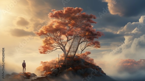 A man stands at the bottom of a tree with a staircase leading up to it
