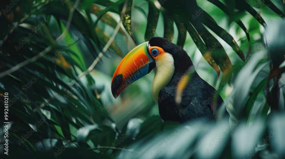 A toucan with a bright beak sitting in the canopy A toucan with a bright beak sitting in the canopy