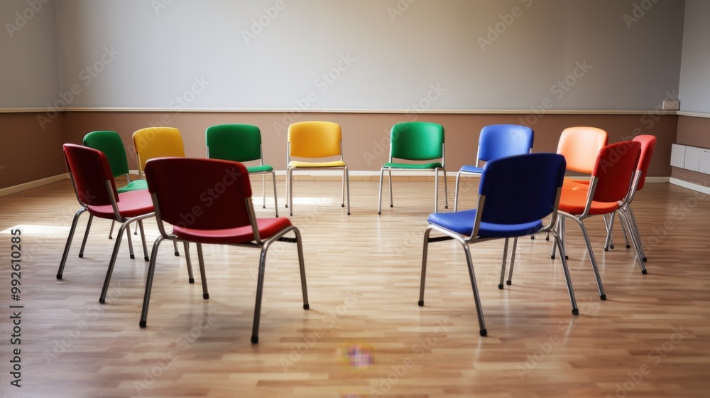 An arrangement of colorful chairs in a circle on a wooden floor, prepared for a group meeting or discussion. An arrangement of colorful chairs in a circle on a wooden floor, prepared for a group meeting or discussion.