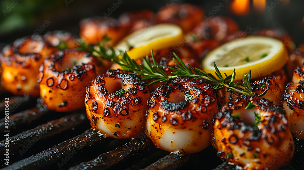 Close-up of grilled octopus tentacles garnished with lemon and herbs Close-up of grilled octopus tentacles garnished with lemon and herbs
