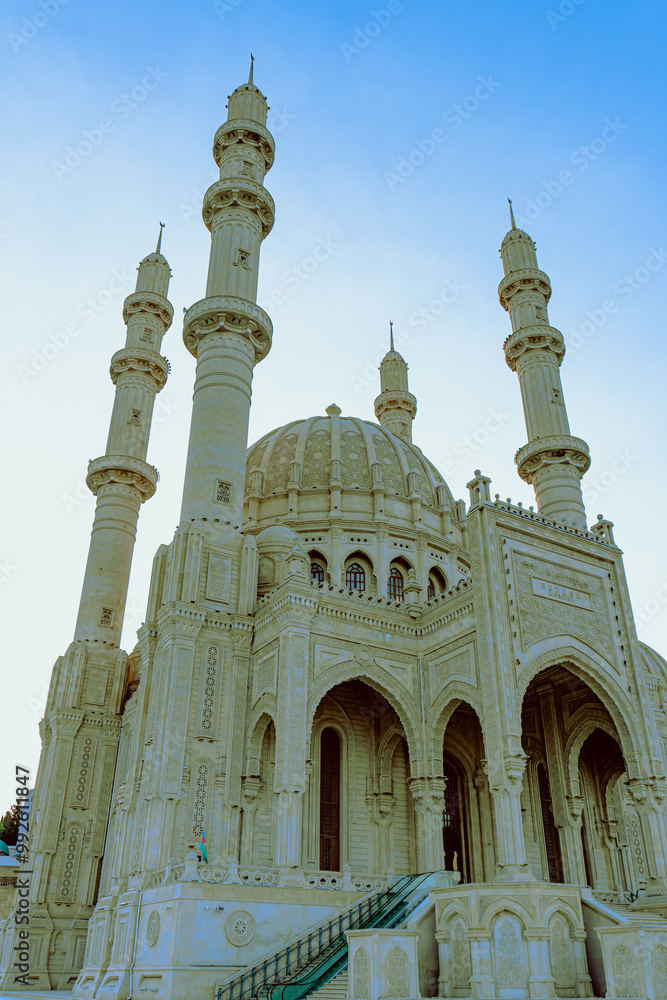 Fototapeta premium Capture of Heydar Mosque in Baku, Azerbaijan. Religion and Hospitality Concept. Religious Travel. Islam.