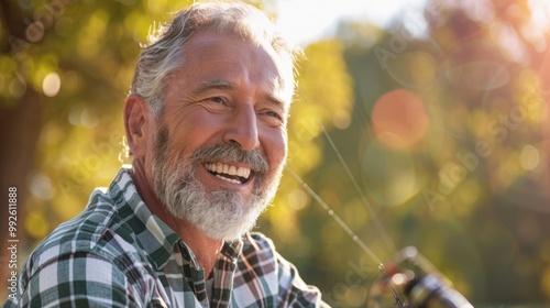 Happy middle aged man enjoying a hobby like fishing or painting photo