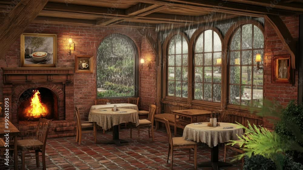 A cozy, brick-walled restaurant. Fireplace, tables, and windows with rain outside.