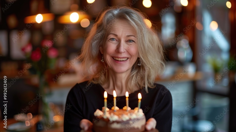 Happy middle aged woman celebrating her birthday Happy middle aged woman celebrating her birthday
