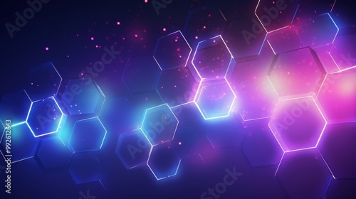 A vibrant abstract background featuring a pattern of glowing hexagons in shades of blue, purple, and pink, creating a dynamic and futuristic visual effect. photo