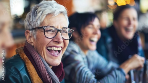 Happy middle aged woman laughing with friends at a cafe