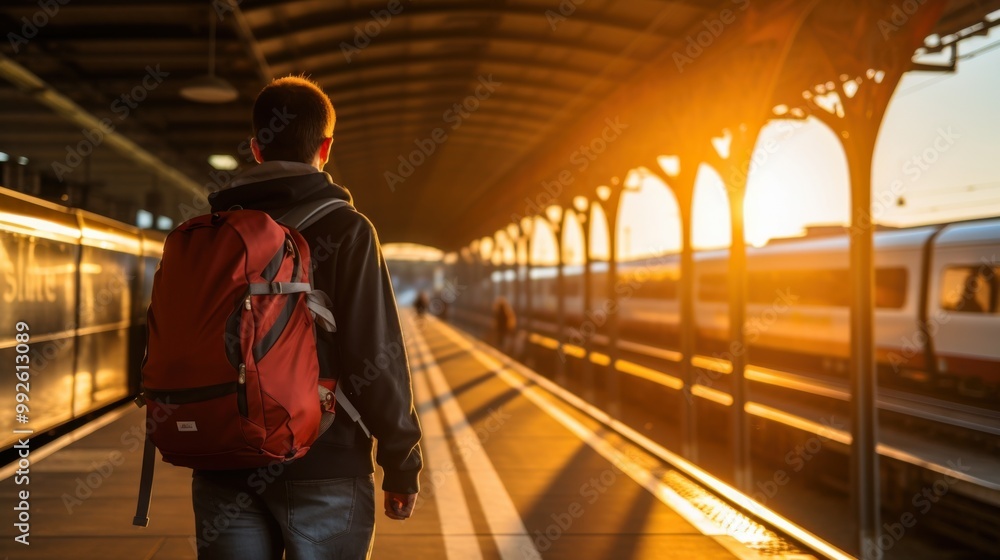 A young traveler with a backpack walks through a train station bathed in warm, golden sunlight, capturing the essence of adventure and new beginnings. A young traveler with a backpack walks through a train station bathed in warm, golden sunlight, capturing the essence of adventure and new beginnings.