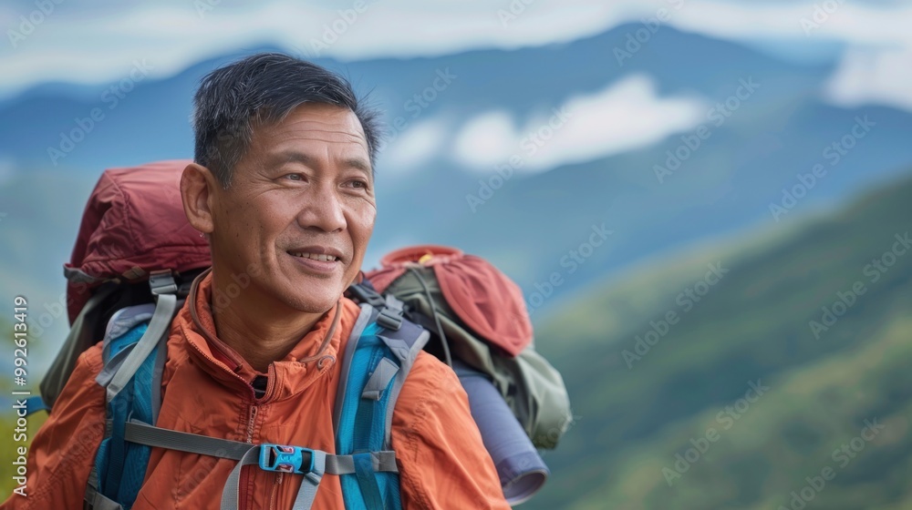 Middle aged Asian man hiking in the mountains Middle aged Asian man hiking in the mountains