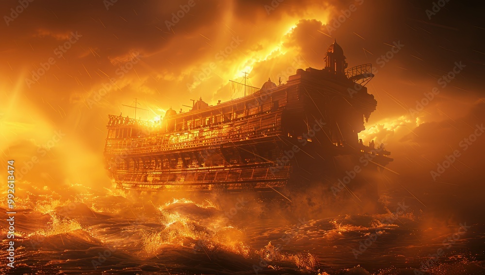Fototapeta premium Dramatic scene of Noah's Ark in the middle of a stormy sea, illuminated by golden light.