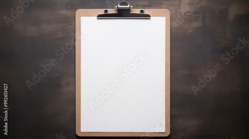 A blank clipboard with a crisp, white sheet of paper sits against a dark, moody background, inviting creative ideas and notes to be written. photo