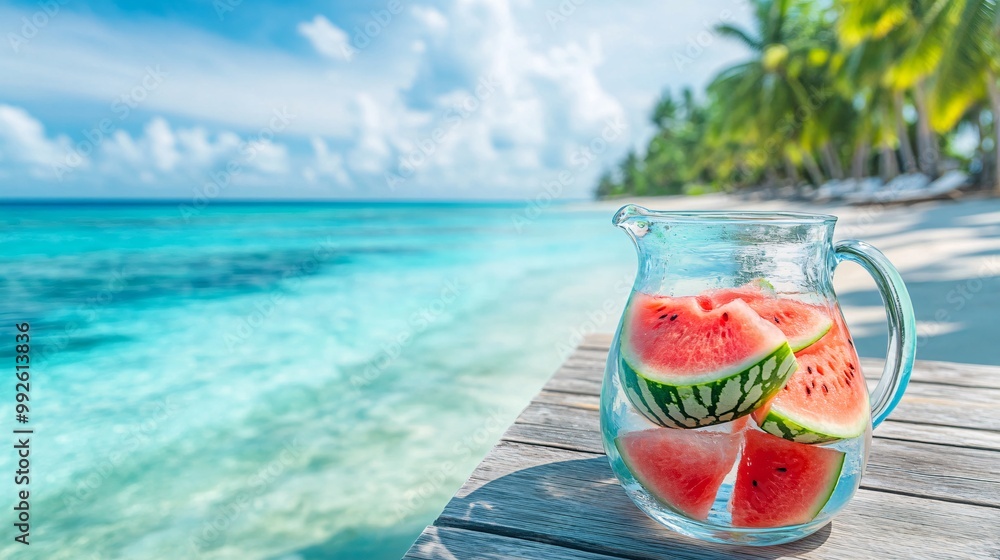 Watermelon slices in a pitcher by the beach Watermelon slices in a pitcher by the beach