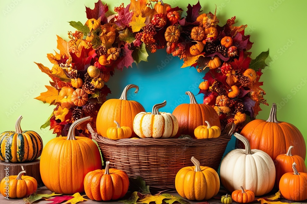 Naklejka premium Colorful Autumn Landscape with Pumpkins and Vibrant Foliage on Bright Background