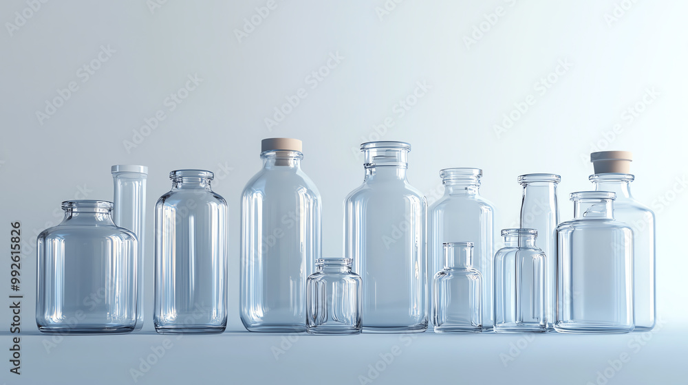 A collection of clear glass bottles with cork tops, arranged in a row on a white background.