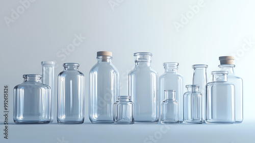 Obraz na płótnie A collection of clear glass bottles with cork tops, arranged in a row on a white background. w salonie