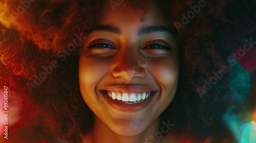 A woman with curly hair is smiling and has her teeth showing