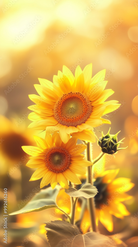 Fototapeta premium Garden with beautiful sunflowers, light gradient, blurred background