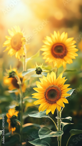 Garden with beautiful sunflowers, light gradient, blurred background