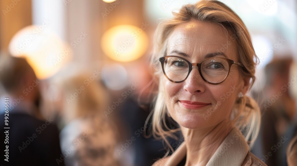 Middle aged businesswoman networking at a conference Middle aged businesswoman networking at a conference