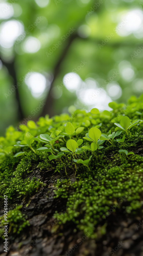 Close-up of vibrant green moss and sprouts growing on tree bark in a lush forest, nature macro photography of fresh foliage. Close-up of vibrant green moss and sprouts growing on tree bark in a lush forest, nature macro photography of fresh foliage.