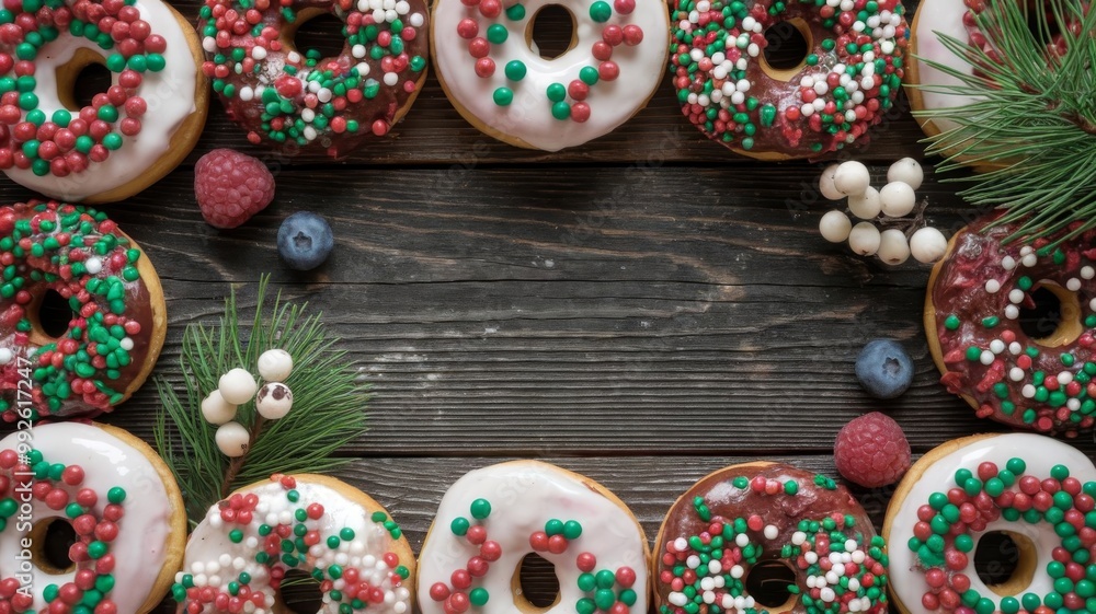 Border of festive candy sprinkled donuts on a rustic wooden table, empty space for text in middle Border of festive candy sprinkled donuts on a rustic wooden table, empty space for text in middle