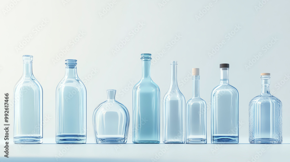 A row of empty glass bottles of various shapes and sizes, arranged on a white surface.