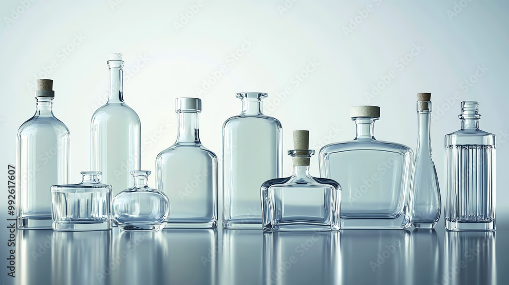 A row of empty glass bottles of various shapes and sizes on a reflective surface.