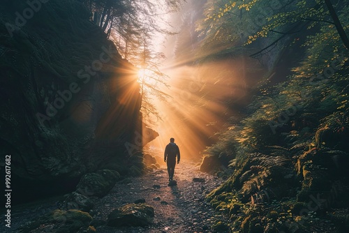A man walks in a forest with dramatic sunlight streaming through trees, creating a peaceful scene. Heavenly light falling and trusting in god.
