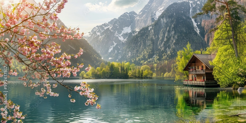 A scenic spring park with a wooden house near a calm lake, framed by towering mountains and blossoming trees, bathed in warm sunlight. A scenic spring park with a wooden house near a calm lake, framed by towering mountains and blossoming trees, bathed in warm sunlight.