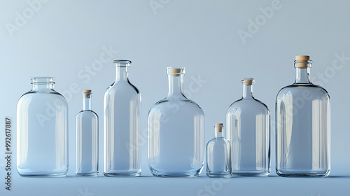 A row of empty glass bottles of various sizes, with cork stoppers, on a light blue background. photo