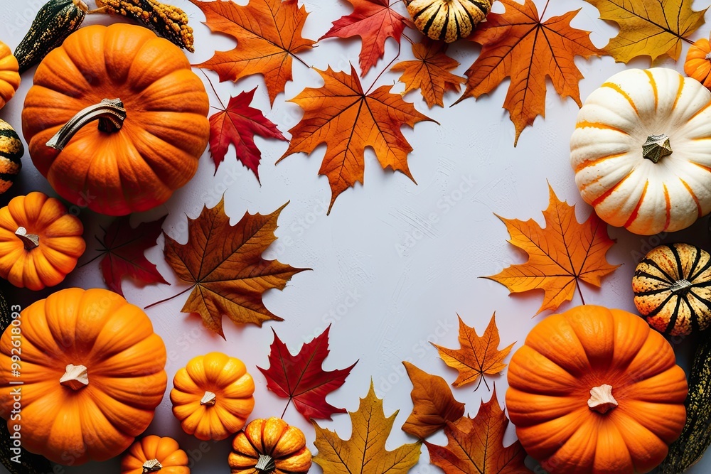 Autumn Background with Orange Pumpkins and Fall Leaves on a Light Surface Autumn Background with Orange Pumpkins and Fall Leaves on a Light Surface