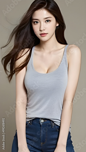 Portrait of a beautiful Asian woman in grey tank top and jeans