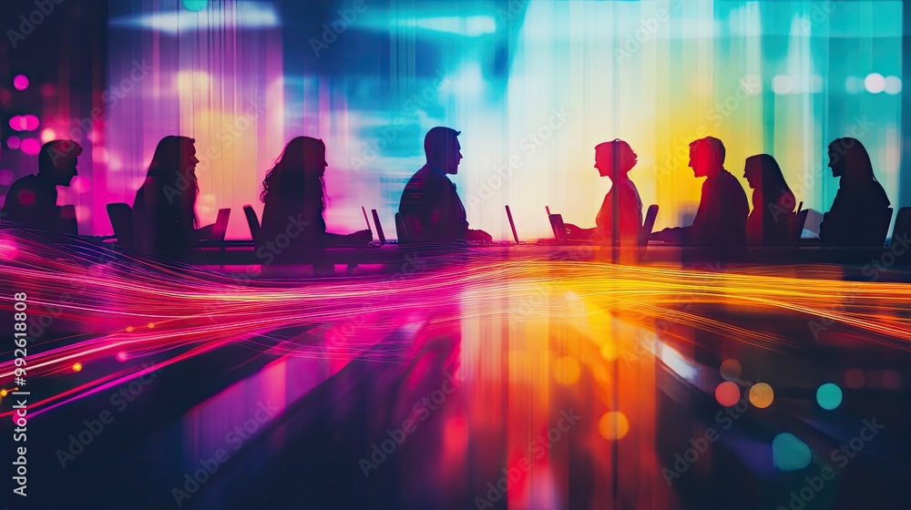 Vibrant Office Meeting with Silhouetted Team Members and Abstract Light Trails in Modern Workspace Vibrant Office Meeting with Silhouetted Team Members and Abstract Light Trails in Modern Workspace