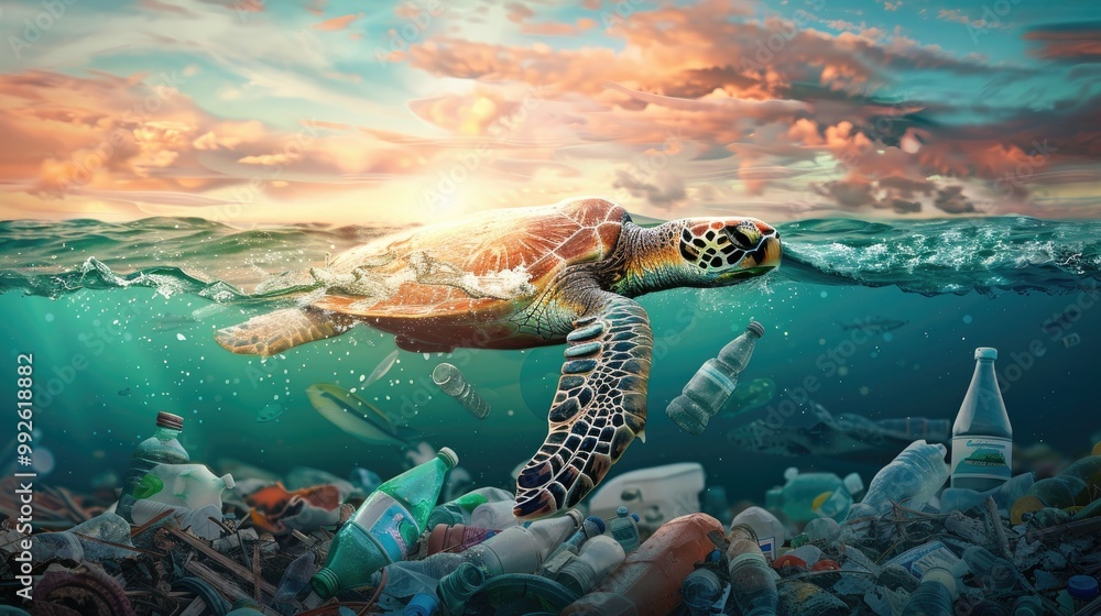 A sea turtle swimming amidst ocean plastic pollution, representing ...