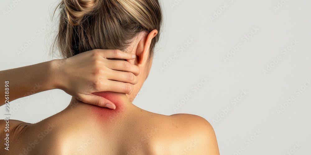 Close up of a woman touching redness on her back skin, generative AI Close up of a woman touching redness on her back skin, generative AI