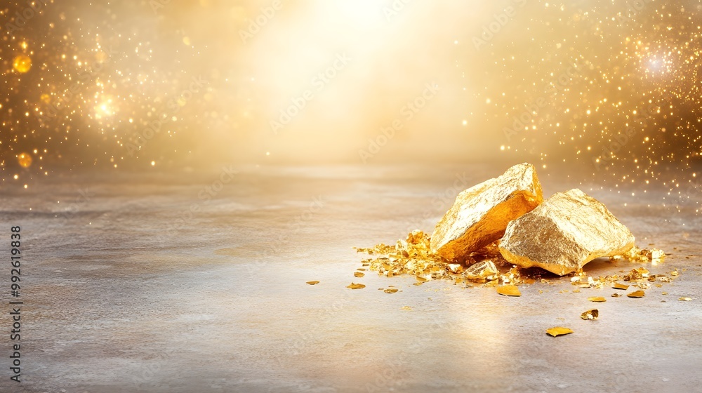 A shimmering gold nugget resting on a reflective surface, surrounded by a sparkling golden glow, evoking luxury and prosperity. A shimmering gold nugget resting on a reflective surface, surrounded by a sparkling golden glow, evoking luxury and prosperity.