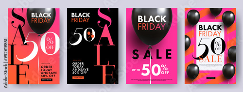 Black Friday Sale cover, poster, flyer, web banner set in black and vibrant red pink colors with 3d realistic helium balloons and modern typography. Trendy minimalist template for advertising, Sales