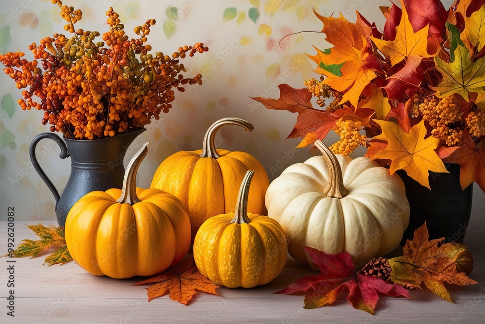 Autumn Scene with Golden Gourds and Vibrant Foliage on a Soft Backdrop Autumn Scene with Golden Gourds and Vibrant Foliage on a Soft Backdrop