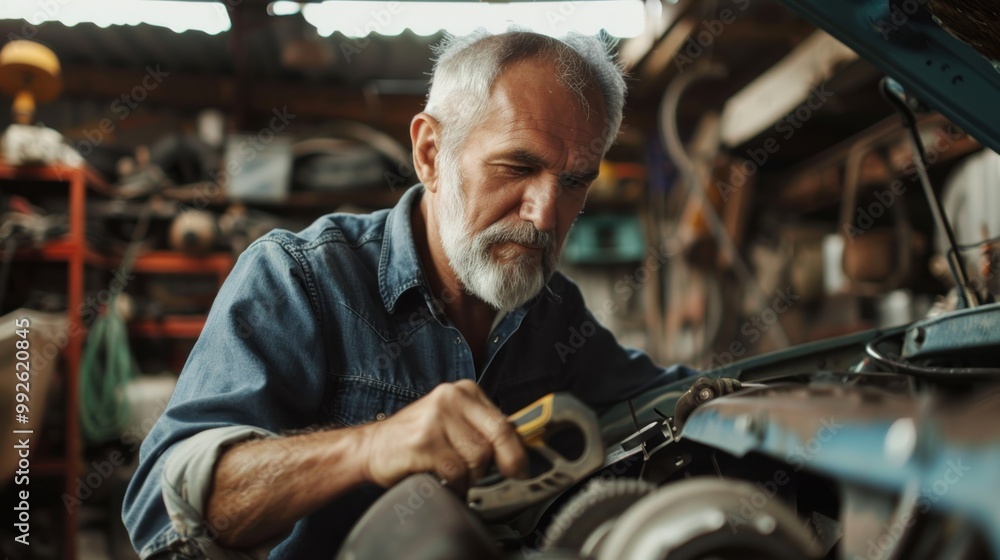 Middle aged man fixing his car in the garage Middle aged man fixing his car in the garage