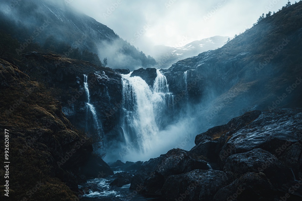 a wide shot of the waterfall in norway, long exposure photography, cinematic, beautiful a wide shot of the waterfall in norway, long exposure photography, cinematic, beautiful