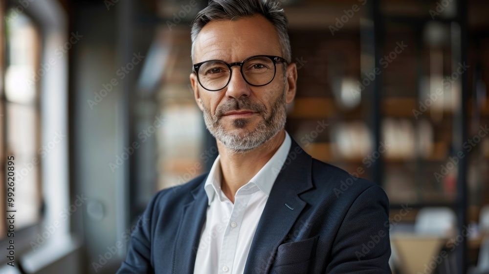 Middle aged man in a business suit in an office setting Middle aged man in a business suit in an office setting