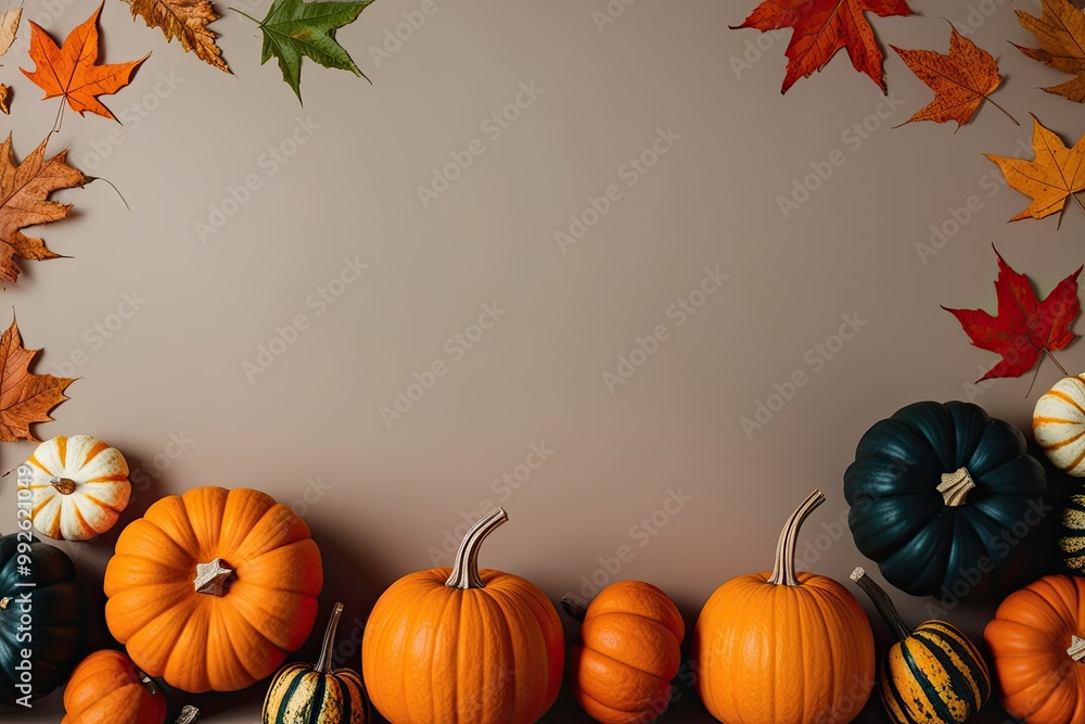 Enchanting Autumn Aesthetic with Vibrant Orange Pumpkins and Colorful Leaves on a Soft Background Enchanting Autumn Aesthetic with Vibrant Orange Pumpkins and Colorful Leaves on a Soft Background