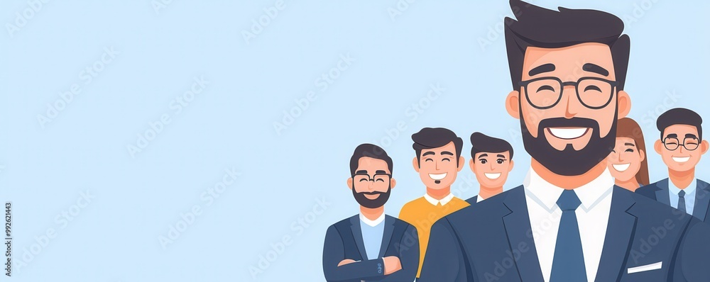 Illustration of a confident businessman with smiling team members in the background, representing teamwork and leadership. Illustration of a confident businessman with smiling team members in the background, representing teamwork and leadership.