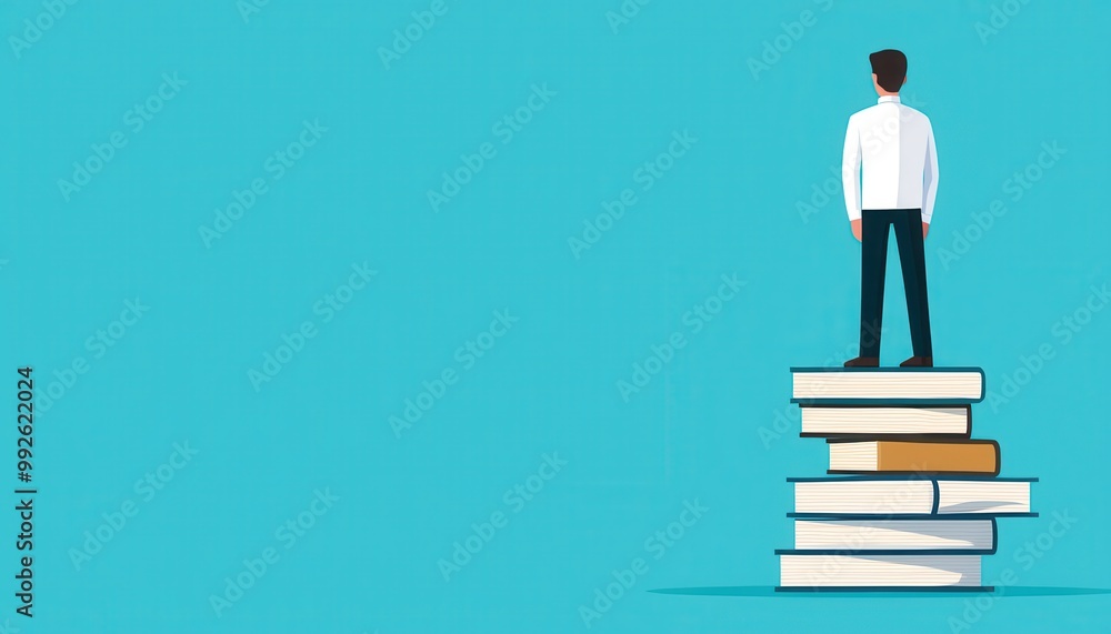 A person standing on a stack of books symbolizing knowledge, growth, and aspiration against a vibrant blue background. A person standing on a stack of books symbolizing knowledge, growth, and aspiration against a vibrant blue background.