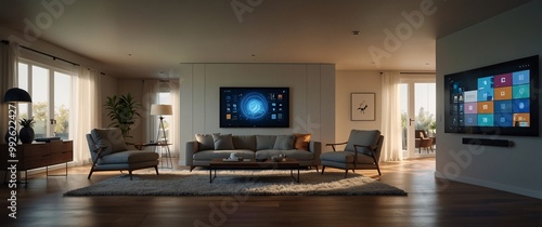 smart home, featuring various connected devices and appliances, shot from a low angle with a wide-angle lens, living network power room, security, smart system home modern technology concept