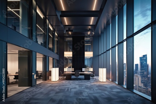 Lush Indistinct Portrayal of a Modern Office Layout with Towering Windows and Dynamic Lighting