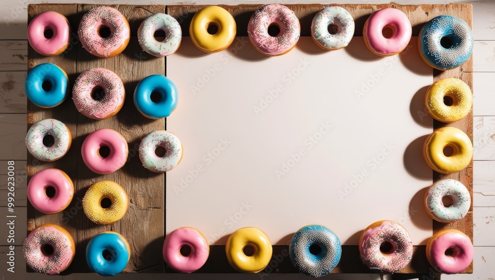 Border of festive candy sprinkled donuts on a rustic wooden table, empty space for text in middle Border of festive candy sprinkled donuts on a rustic wooden table, empty space for text in middle